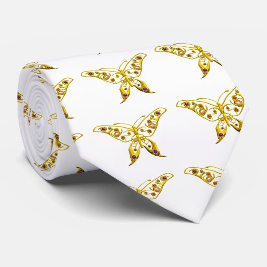 GOLD HYPER-BUTTERFLES MET GEMSTONES, Wit Stropdas (Opgerold)