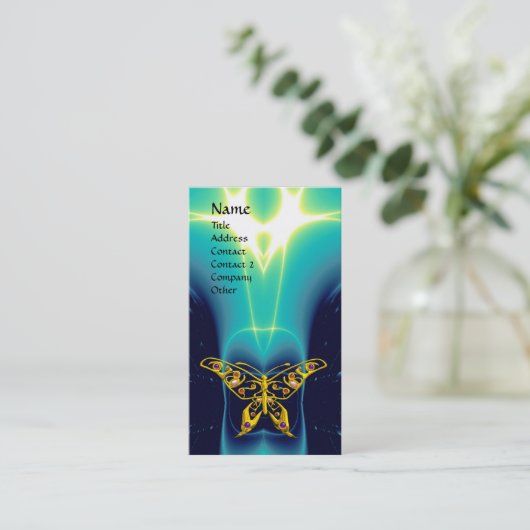GOLD HYPER BUTTERFLY,BLAUWGROEN AQUA BLAUWE LICHTW VISITEKAARTJE (Staand voorkant)