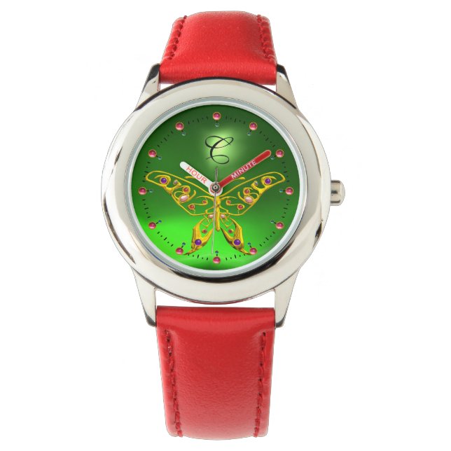GOLD HYPER BUTTERFLY Emerald Green Monogram Horloge (Voorkant)