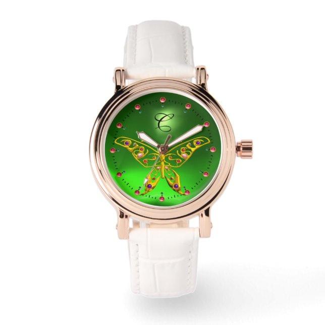 GOLD HYPER BUTTERFLY Emerald Green Monogram Horloge (Voorkant)