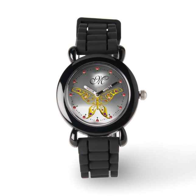 GOLD HYPER BUTTERFLY Grey Gemstone Monogram Horloge (Voorkant)