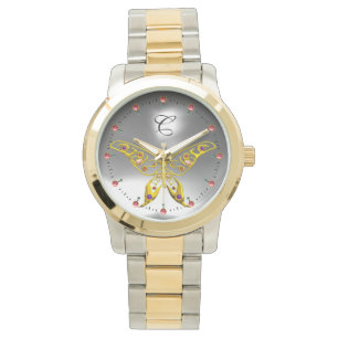 GOLD HYPER BUTTERFLY Grey Gemstone Monogram Horloge