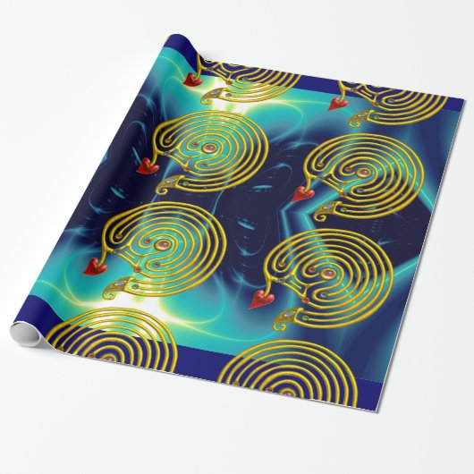 GOLD HYPER LABYRINTH, BLAUWGROEN WAVELLING AQUA BL CADEAUPAPIER (Uitgerold)