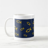Gold Ichthus Pattern op Navy Blue Background Koffiemok (Links)