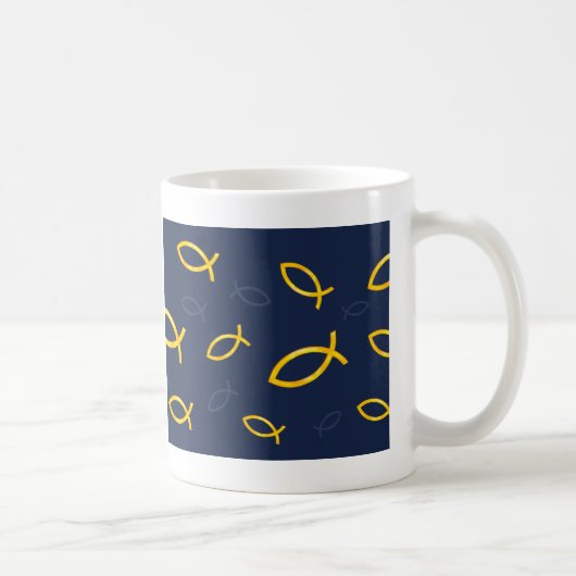 Gold Ichthus Pattern op Navy Blue Background Koffiemok (Rechts)