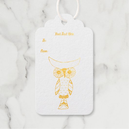 Gold Illustration Fantasy Owl Moon Head Big Eyes Cadeaulabels (Voorkant)