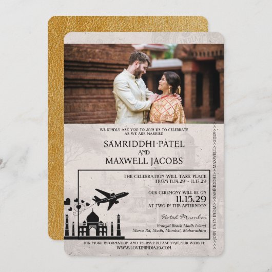 Gold India Passport Wedding Invitation Kaart (Voorkant / Achterkant)