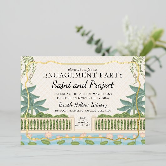 Gold Indian Engagement Party Folie Uitnodiging (Staand Voorkant)