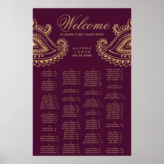 Gold Indian Paisley Alfabetical Seating Chart Poster (Voorkant)