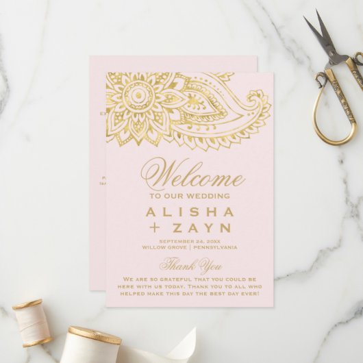 Gold Indian Paisley | Blush Pink Wedding Programme Programmakaart (Voorkant / Achterkant in situ)