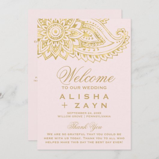 Gold Indian Paisley | Blush Pink Wedding Programme Programmakaart (Voorkant / Achterkant)