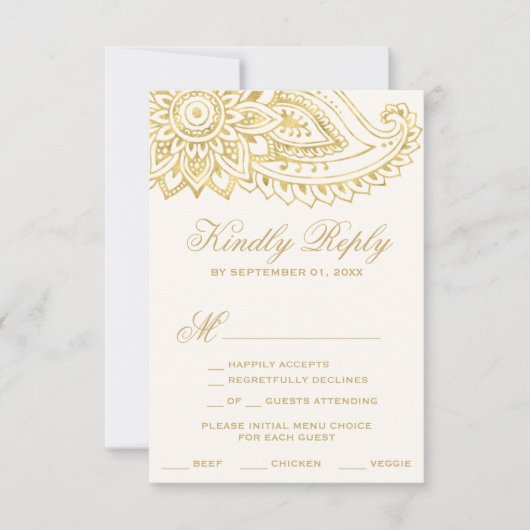 Gold Indian Paisley Menu Keuze RSVP-kaart (Voorkant)