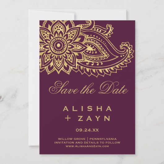 Gold Indian Paisley Save the Date Kaart (Voorkant)