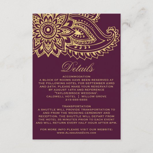 Gold Indian Paisley Wedding Details Kaart invoegen (Voorkant)