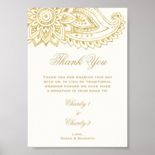 Gold Indian Paisley Wedding in Lieu of Favors Sign Poster (Voorkant)