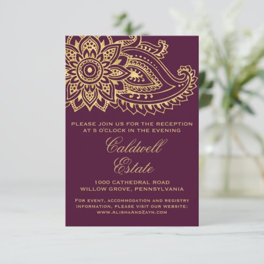 Gold Indian Paisley Wedding Reception Kaart (Staand voorkant)