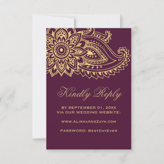 Gold Indian Paisley Wedding Website RSVP Card (Voorkant)