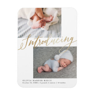 Gold Introduction Multi Photo Birth Announcement Magneet