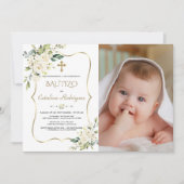 Gold Invitacion Bautizo Con flores Photo Baptisme Kaart (Voorkant)