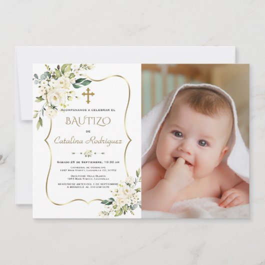 Gold Invitacion Bautizo Con flores Photo Baptisme Kaart (Voorkant)