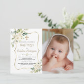Gold Invitacion Bautizo Con flores Photo Baptisme Kaart (Staand voorkant)