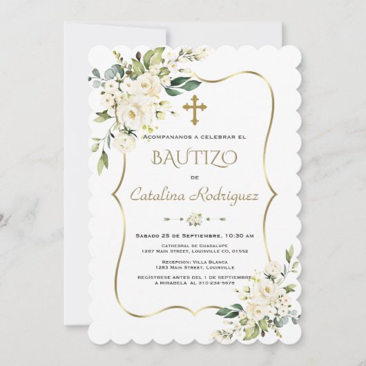 Gold Invitacion De Bautizo Con Flores Baptisme Kaart (Voorkant)