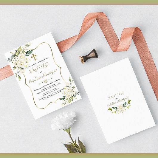 Gold Invitacion De Bautizo Con Flores Baptisme Kaart