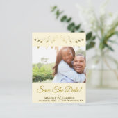 Gold & Ivory Cream Bruiloft Bewaar de datum Foto Aankondigingskaart (Staand voorkant)