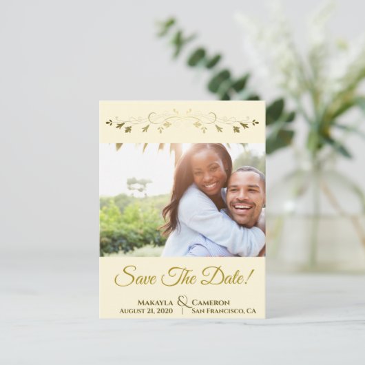 Gold & Ivory Cream Bruiloft Bewaar de datum Foto Aankondigingskaart (Staand voorkant)