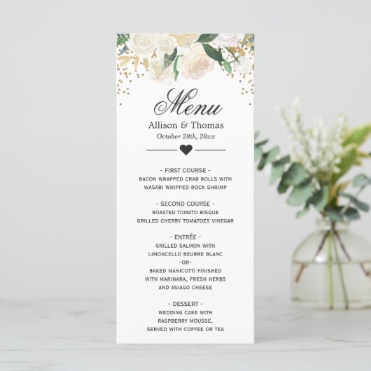 Gold Ivory Green Floral Wedding Menu Kaart (Staand voorkant)