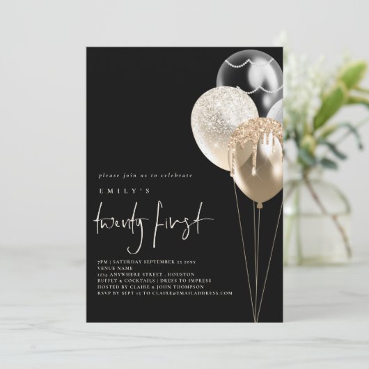Gold Ivory QR Code 21st Party Black Balloons Kaart (Staand voorkant)