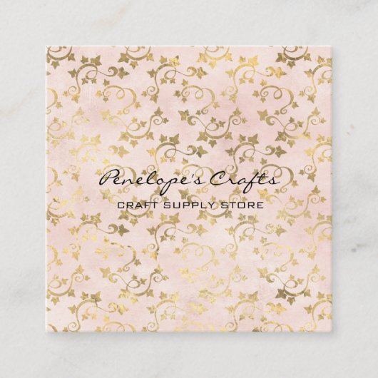 Gold Ivy Print Pink Square Visitekaartje (Voorkant)