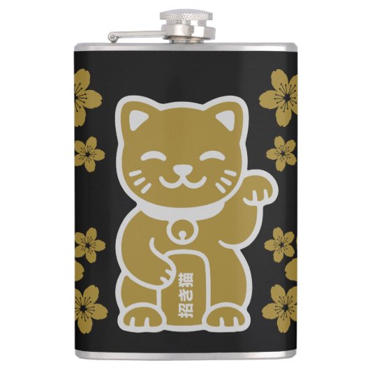 Gold Japanese Maneki-neko Heupfles (Voorkant)