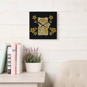 Gold Japanese Maneki-neko Vierkante Klok
