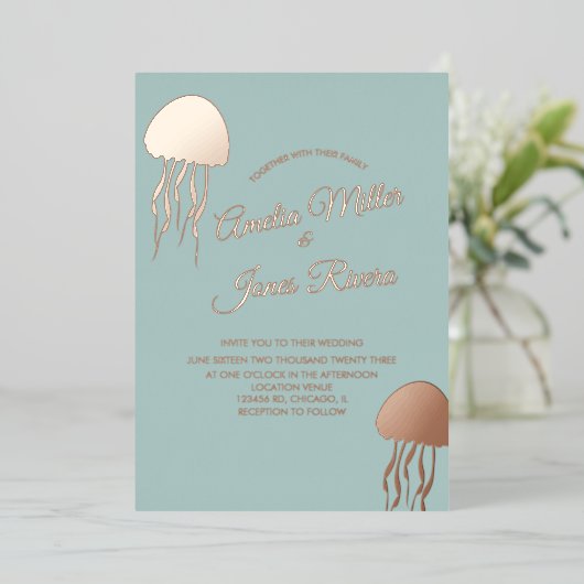 Gold JellyFish Blush Weddenschap geperst Folie Uitnodiging (Staand Voorkant)