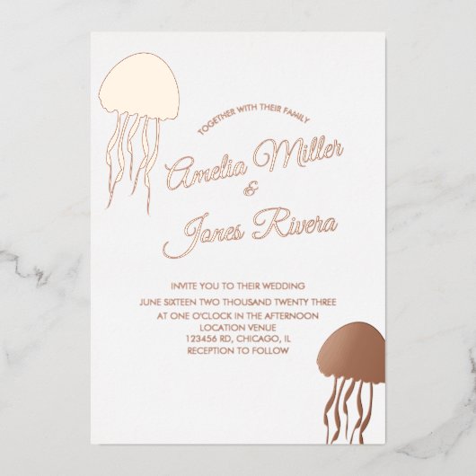 Gold JellyFish Wedding Ppress Folie Uitnodiging (Voorkant)