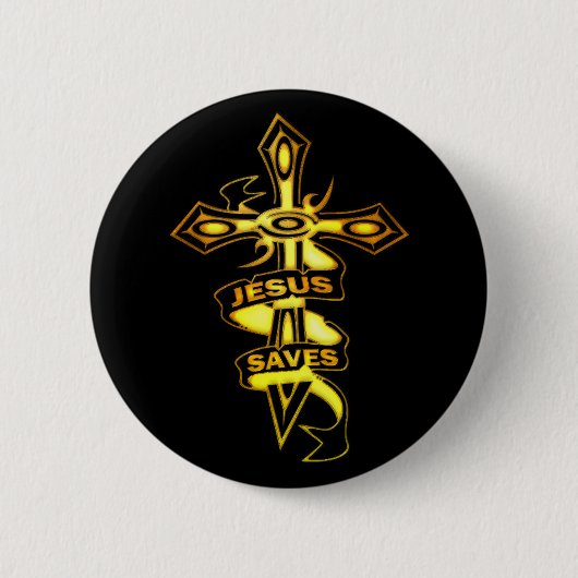 GOLD JESUS SAVES CROSS RONDE BUTTON 5,7 CM (Voorkant)