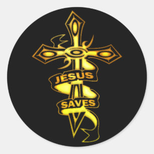 GOLD JESUS SAVES CROSS RONDE STICKER