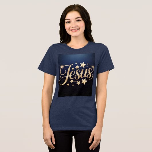 Gold Jesus Script Blue Tri-Blend Shirt (Voorkant volledig)