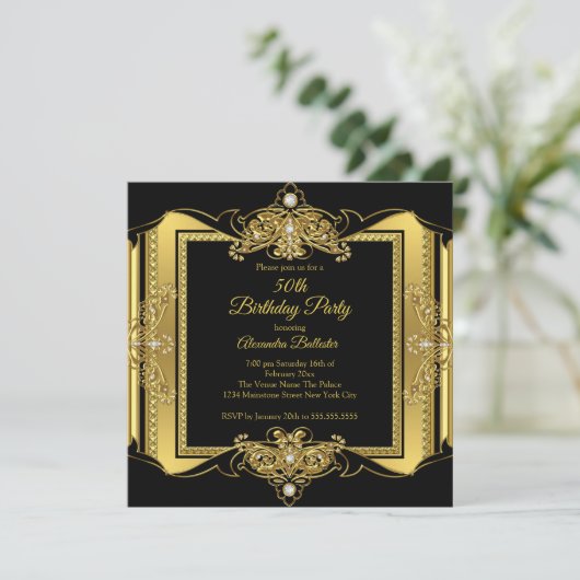 Gold Jewel Black Elegant Birthday Foto Kaart (Staand voorkant)