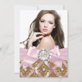Gold Jewel Damask & Roze Bow Sweet 16 Foto Invite Kaart (Voorkant)