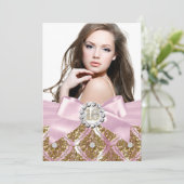 Gold Jewel Damask & Roze Bow Sweet 16 Foto Invite Kaart (Staand voorkant)