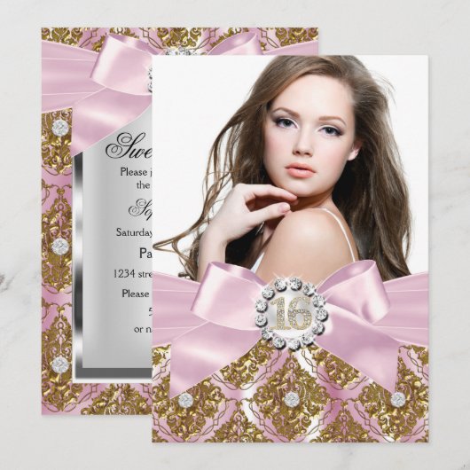 Gold Jewel Damask & Roze Bow Sweet 16 Foto Invite Kaart (Voorkant / Achterkant)