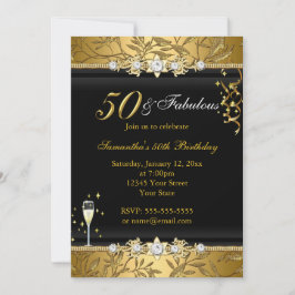 Gold Jewel Leaf 50 Fabulous Birthday Black Kaart
