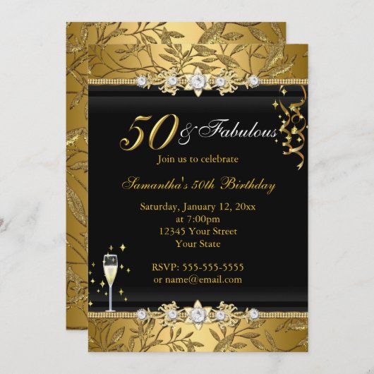 Gold Jewel Leaf 50 Fabulous Birthday Black Kaart (Voorkant / Achterkant)