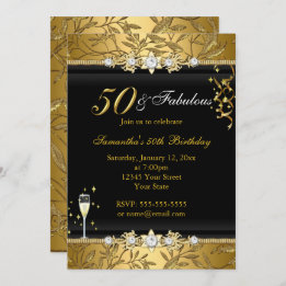 Gold Jewel Leaf 50 Fabulous Birthday Black Kaart