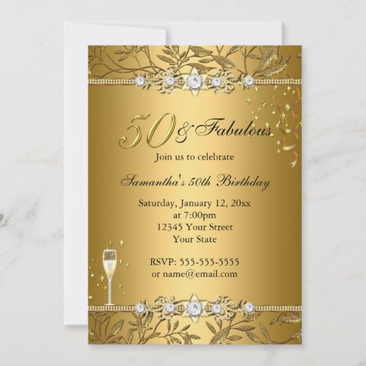 Gold Jewel Leaf 50 & Fabulous Birthday Invitation Kaart (Voorkant)