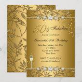 Gold Jewel Leaf 50 & Fabulous Birthday Invitation Kaart (Voorkant / Achterkant)