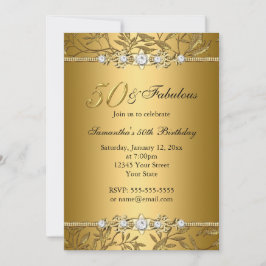 Gold Jewel Leaf 50 Fabulous Birthday Invitation Kaart