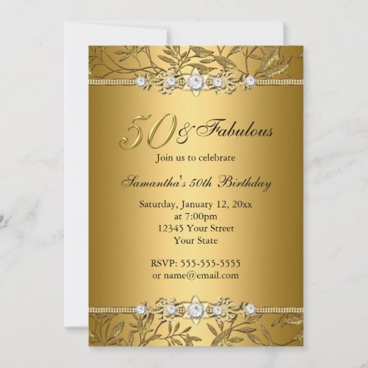 Gold Jewel Leaf 50 Fabulous Birthday Invitation Kaart (Voorkant)
